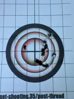 10 shot group at 100 yards with AEA 25.3 Grain Pellets running at 885 FPS.webp